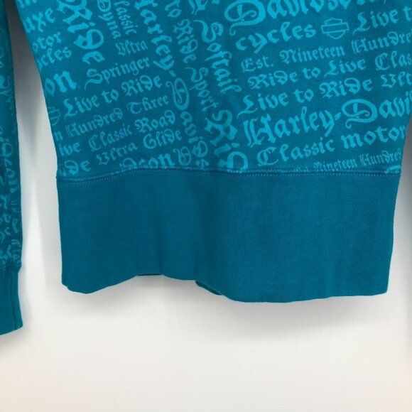 Harley Davidson  Bright Teal Blue All Over Text zipper front Hoodie size SP - Picture 13 of 15